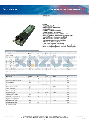 SP-03-LR2-TDC datasheet - 155 Mbps SFP Transceiver (LR2)