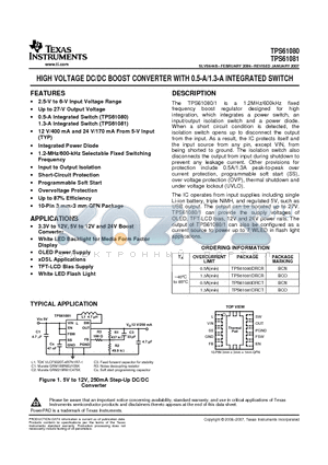 TPS61080 datasheet - HIGH VOLTAGE DC/DC BOOST CONVERTER WITH 0.5-A/1.3-A INTEGRATED SWITCH