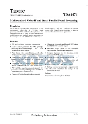 TDA4474 datasheet - Multistandard Video-IF and Quasi Parallel Sound Processing