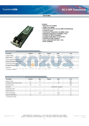 SP-03-MX-CNA datasheet - OC-3 SFP Transceiver