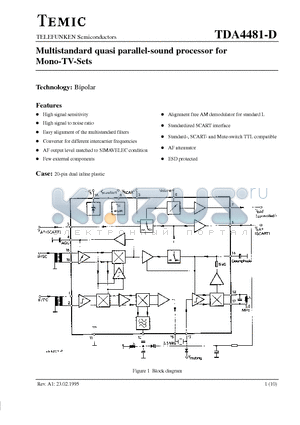 TDA4481-D datasheet - Multistandard quasi parallel-sound processor for Mono-TV-Sets