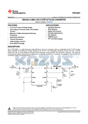 TPS61085T datasheet - 650-kHz/1.2-MHz 18.5-V STEP-UP DC-DC CONVERTER