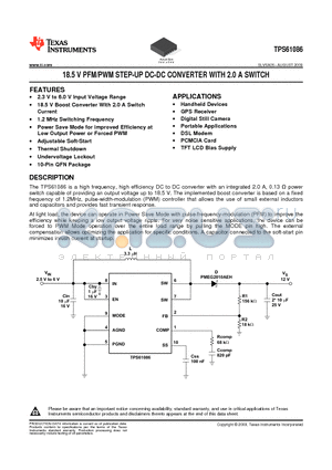 TPS61086 datasheet - 18.5 V PFM/PWM STEP-UP DC-DC CONVERTER WITH 2.0 A SWITCH