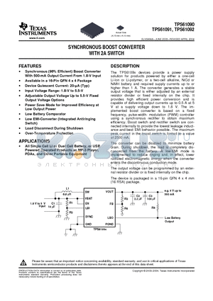 TPS61092 datasheet - SYNCHRONOUS BOOST CONVERTER WITH 2A SWITCH