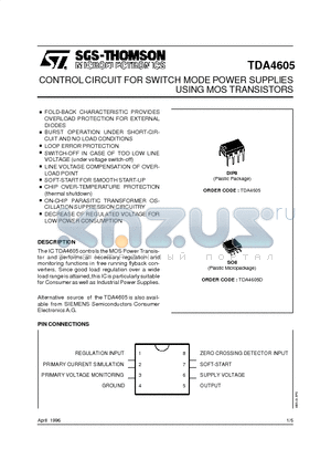 TDA4605 datasheet - CONTROL CIRCUIT FOR SWITCH MODE POWER SUPPLIES USING MOS TRANSISTORS