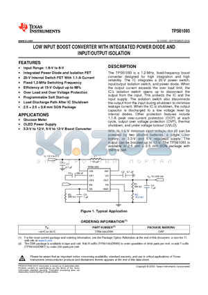 TPS61093 datasheet - LOW INPUT BOOST CONVERTER WITH INTEGRATED POWER DIODE AND INPUT/OUTPUT ISOLATION