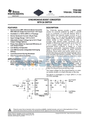 TPS61090 datasheet - SYNCHRONOUS BOOST CONVERTER WITH 2A SWITCH