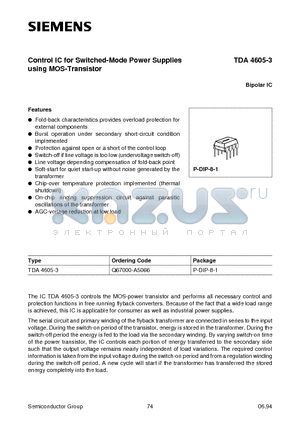 TDA4605-3 datasheet - Control IC for Switched-Mode Power Supplies using MOS-Transistor