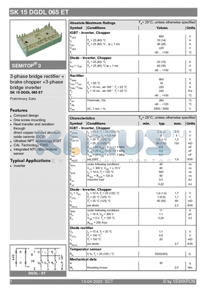 SK15DGDL065ET datasheet - 3-phase bridge rectifier  brake chopper 3-phase bridge inverter
