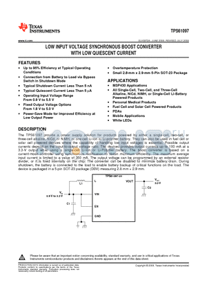 TPS61097-27DRSR datasheet - LOW INPUT VOLTAGE SYNCHRONOUS BOOST CONVERTER WITH LOW QUIESCENT CURRENT