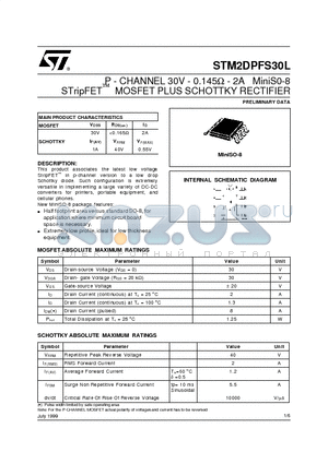 STM2DPFS30L datasheet - P - CHANNEL 30V - 0.145ohm - 2A MiniS0-8 STripFET MOSFET PLUS SCHOTTKY RECTIFIER