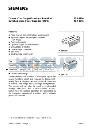 TDA4700 datasheet - Control IC for Single-Ended and Push-Pull Switched-Mode Power Supplies SMPS