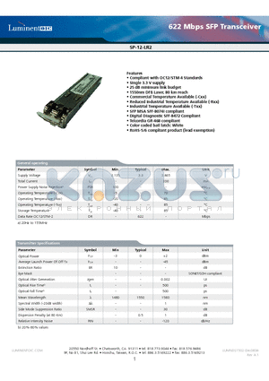 SP-12-LR2-CNA datasheet - 622 Mbps SFP Transceiver