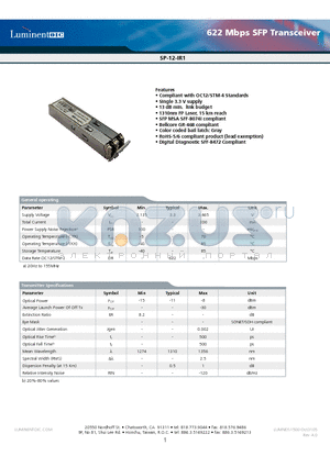 SP-12-IR1-TDA datasheet - 622 Mbps SFP Transceiver