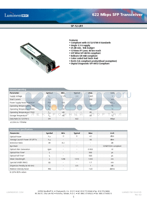 SP-12-LR1-RNA datasheet - 622 Mbps SFP Transceiver