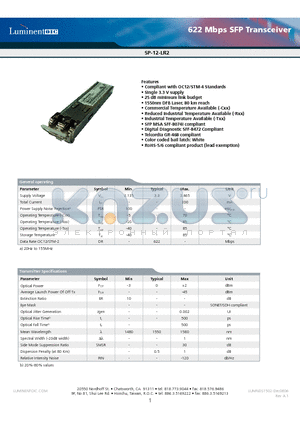 SP-12-LR2-TNA datasheet - 622 Mbps SFP Transceiver