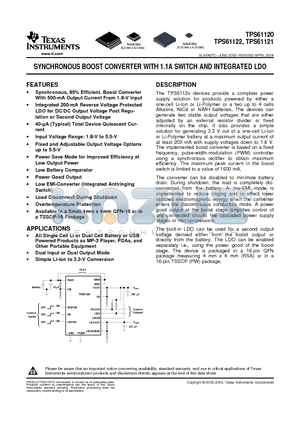 TPS61121 datasheet - SYNCHRONOUS BOOST CONVERTER WITH 1.1A SWITCH AND INTEGRATED LDO