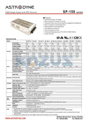 SP-150 datasheet - 150W Single Output with PFC Function