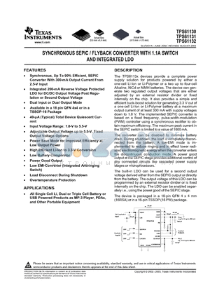 TPS61131 datasheet - SYNCHRONOUS SEPIC / FLYBACK CONVERTER WITH 1.1A SWITCH AND INTEGRATED LDO