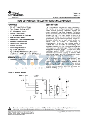 TPS61140 datasheet - DUAL OUTPUT BOOST REGULATOR USING SINGLE INDUCTOR