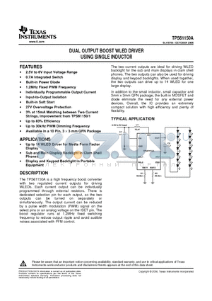 TPS61150ADRCT datasheet - DUAL OUTPUT BOOST WLED DRIVER USING SINGLE INDUCTOR