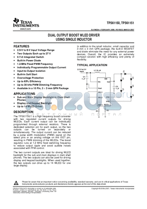 TPS61150 datasheet - DUAL OUTPUT BOOST WLED DRIVER USING SINGLE INDUCTOR
