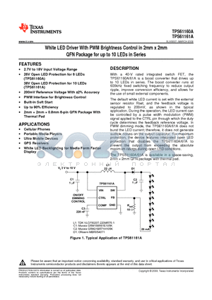 TPS61160A datasheet - White LED Driver With PWM Brightness Control in 2mm x 2mm QFN Package for up to 10 LEDs in Series