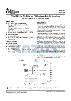 TPS61160DRVR datasheet - White LED Driver With Digital and PWM Brightness Control in 2mm x 2mm QFN Package for up to 10 LEDs in Series