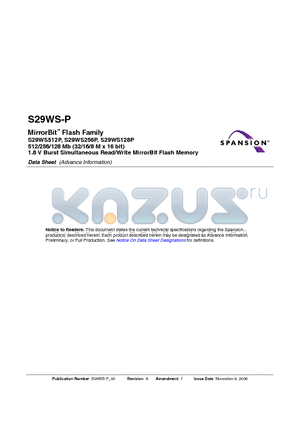 S29WS128P0PBFW002 datasheet - 512/256/128 Mb (32/16/8 M x 16 bit) 1.8 V Burst Simultaneous Read/Write MirrorBit Flash Memory