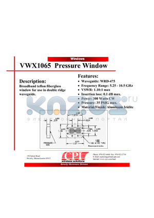 VWX10651 datasheet - Broadband teflon fiberglass window for use in double ridge waveguide