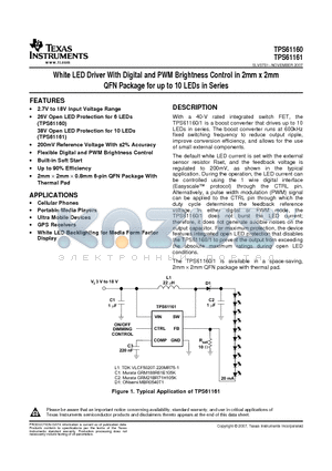 TPS61161 datasheet - White LED Driver With Digital and PWM Brightness Control in 2mm x 2mm QFN Package for up to 10 LEDs in Series