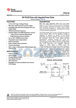 TPS61158 datasheet - 30V WLED Driver with Integrated Power Diode