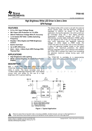 TPS61165 datasheet - High Brightness White LED Driver in 2mm x 2mm QFN Package
