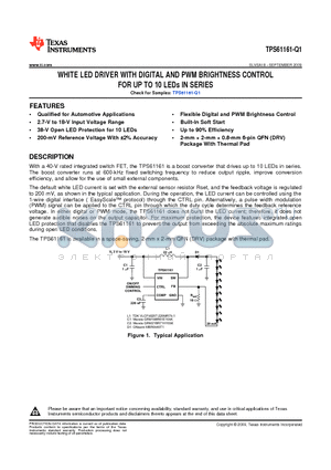 TPS61161-Q1 datasheet - WHITE LED DRIVER WITH DIGITAL AND PWM BRIGHTNESS CONTROL FOR UP TO 10 LEDs IN SERIES