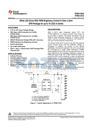 TPS61161ADRVT datasheet - White LED Driver With PWM Brightness Control in 2mm x 2mm QFN Package for up to 10 LEDs in Series