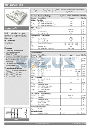 SK170DHL126 datasheet - Half controlled bridge rectifier  IGBT braking chopper