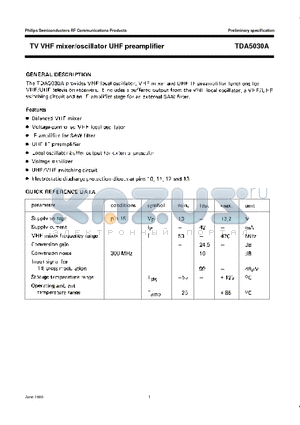 TDA5030A datasheet - TV VHF mixer/oscillator UHF preamplifier