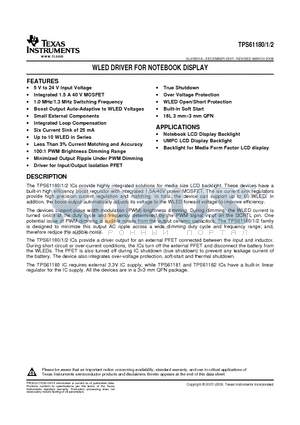 TPS61180 datasheet - WLED DRIVER FOR NOTEBOOK DISPLAY