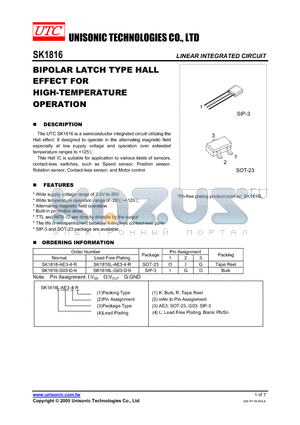 SK1816 datasheet - BIPOLAR LATCH TYPE HALL EFFECT FOR HIGH-TEMPERATURE OPERATION