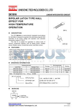 SK1816 datasheet - BIPOLAR LATCH TYPE HALL EFFECT FOR HIGH-TEMPERATURE OPERATION