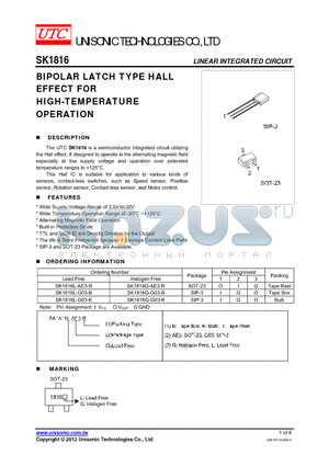 SK1816G-G03-B datasheet - BIPOLAR LATCH TYPE HALL EFFECT FOR HIGH-TEMPERATURE OPERATION