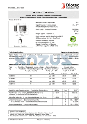 SK1840D2 datasheet - Surface Mount Schottky Rectifiers - Single Diode