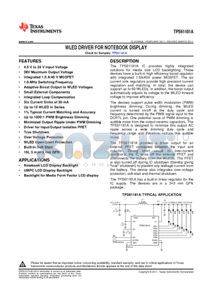 TPS61181A datasheet - WLED DRIVER FOR NOTEBOOK DISPLAY