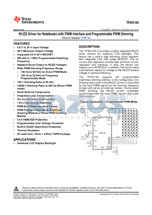 TPS61183RTJR datasheet - WLED Driver for Notebooks with PWM Interface and Programmable PWM Dimming