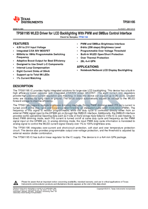 TPS61195RUY datasheet - TPS61195 WLED Driver for LCD Backlighting With PWM and SMBus Control Interface