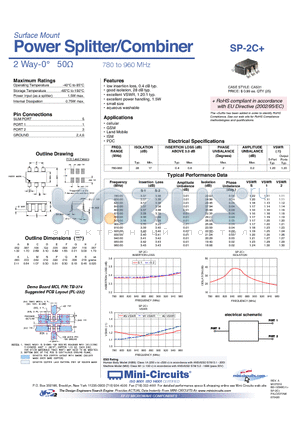 SP-2C+ datasheet - Surface Mount Power Splitter/Combiner