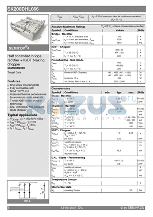 SK200DHL066 datasheet - Half controlled bridge rectifier  IGBT braking chopper