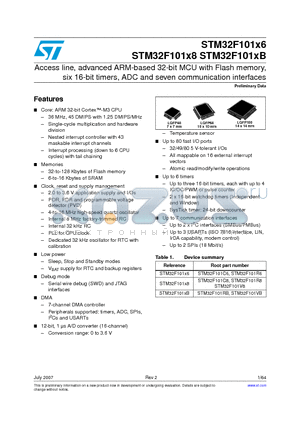 STM32F101C8 datasheet - Access line, advanced ARM-based 32-bit MCU with Flash memory, six 16-bit timers, ADC and seven communication interfaces