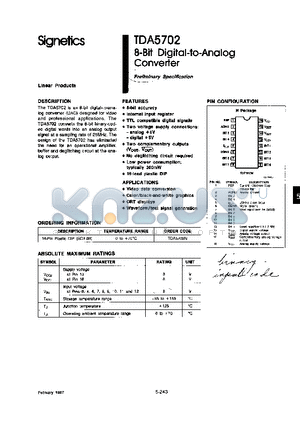 TDA5702N datasheet - 8-BIT DIGITAL-TO-ANALOG CONVERTER