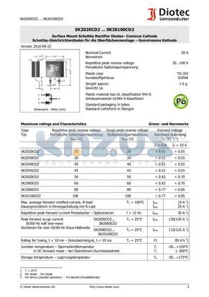 SK20100CD2 datasheet - Surface Mount Schottky Rectifier Diodes - Common Cathode